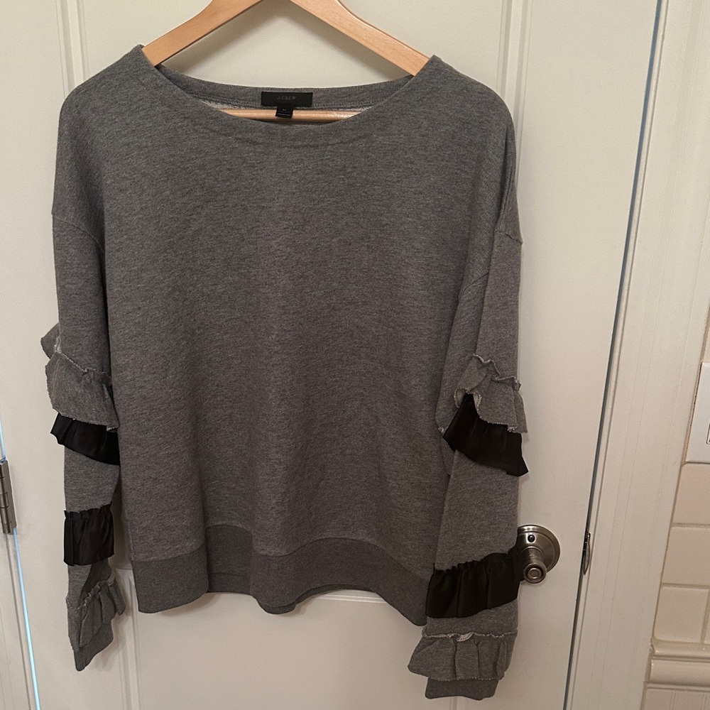 J. Crew Gray Sweatshirt with Black Ruffle Details
